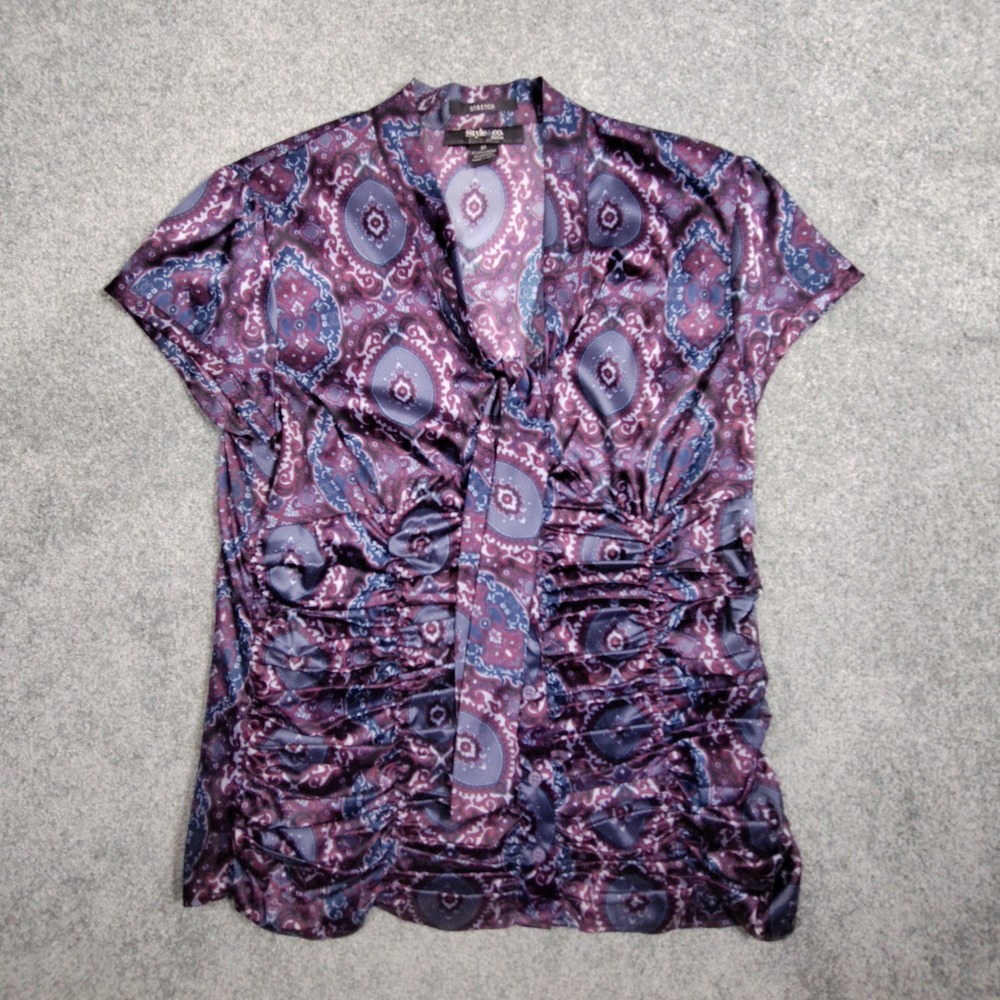 Style & Co Petite Purple Paisley Ruched Tie Neck Blouse Size 8P